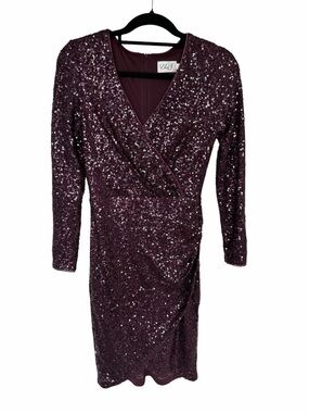 ✅ Eliza J Plum Sequin Faux-Wrap Long Sleeve Dress size 4